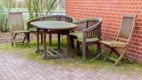 An outdoor wooden seating area