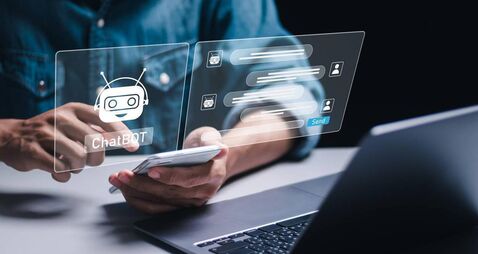 AI chat technology, Businessman use smartphone with virtual screen of AI chatbot communicate and answer questions. Artificial in