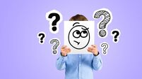 Child holding placard with pensive emoticon, question marks doodle