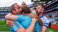 Niall Ó Ceallacháin celebrates with his backroom staff 21/6/2025