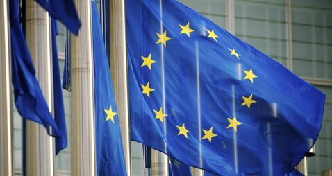 EU Flags Flying at the European Commission Building Brussels Belgium