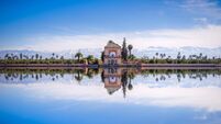 Saadian pavilion, Menara gardens and Atlas in Marrakech, Morocco, Africa