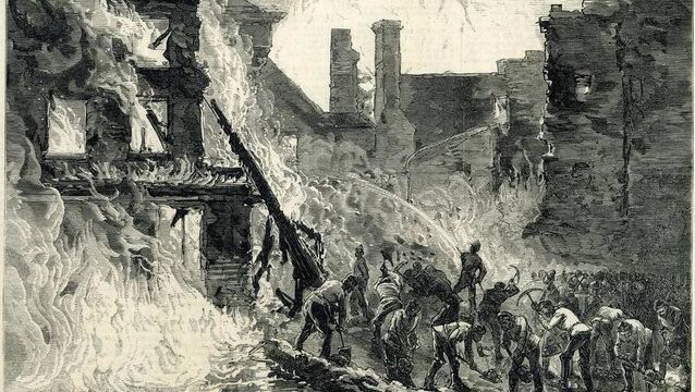 <p>An illustration of sappers cutting off the whiskey during the whiskey fire and flood of Dublin, in 1875, for 'The Illustrated London News'.</p>