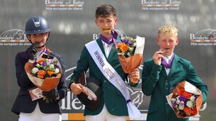 <p>Cian McMunn, centre, and Charlie Flynn on the podium in Le Mans after winning gold and bronze European Championships medals. Pictures: Trace Media</p>