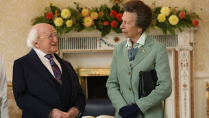 <p>President Michael D Higgins receives Britain's Princess Anne at Áras an Uachtaráin. Picture: Gareth Chaney/PA</p>