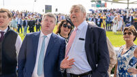 Gordon Elliott and Noel Meade watch a re-run of the race during the stewards inquiry 31/7/2025