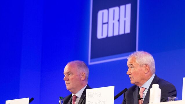 <p>Chief executive Jim Mintern and chair Richie Boucher at CRH's AGM earlier this year. On Wednesday, the company reported a 9% rise in second quarter core profit. Picture: Naoise Culhane</p>